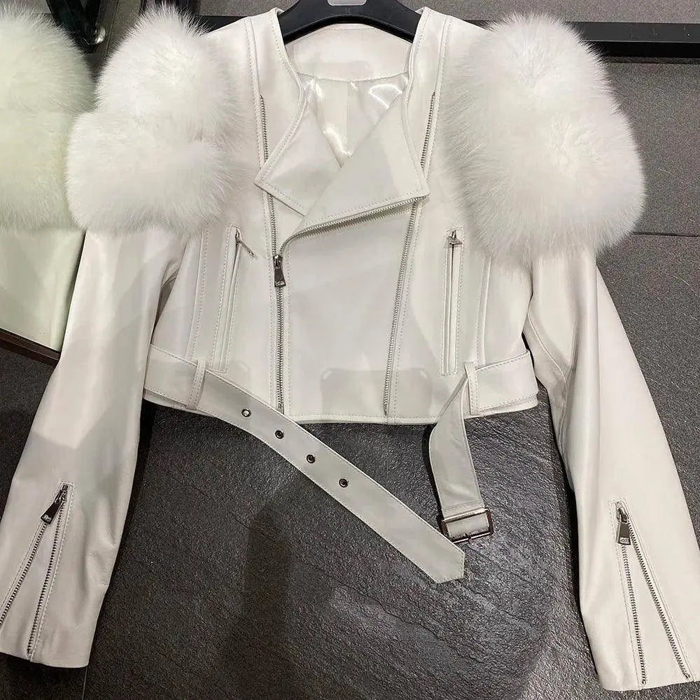 YOLOAgain 2025 Autumn Natural Fox Fur Sleeve Genuine Leather Cropped Jacket Women Shiny Sliver Leather Jacket Ladies SS69