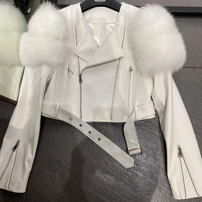 YOLOAgain 2025 Autumn Natural Fox Fur Sleeve Genuine Leather Cropped Jacket Women Shiny Sliver Leather Jacket Ladies SS69