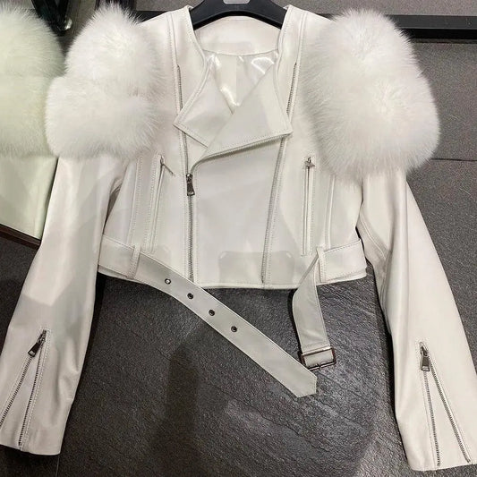 YOLOAgain 2025 Autumn Natural Fox Fur Sleeve Genuine Leather Cropped Jacket Women Shiny Sliver Leather Jacket Ladies SS69