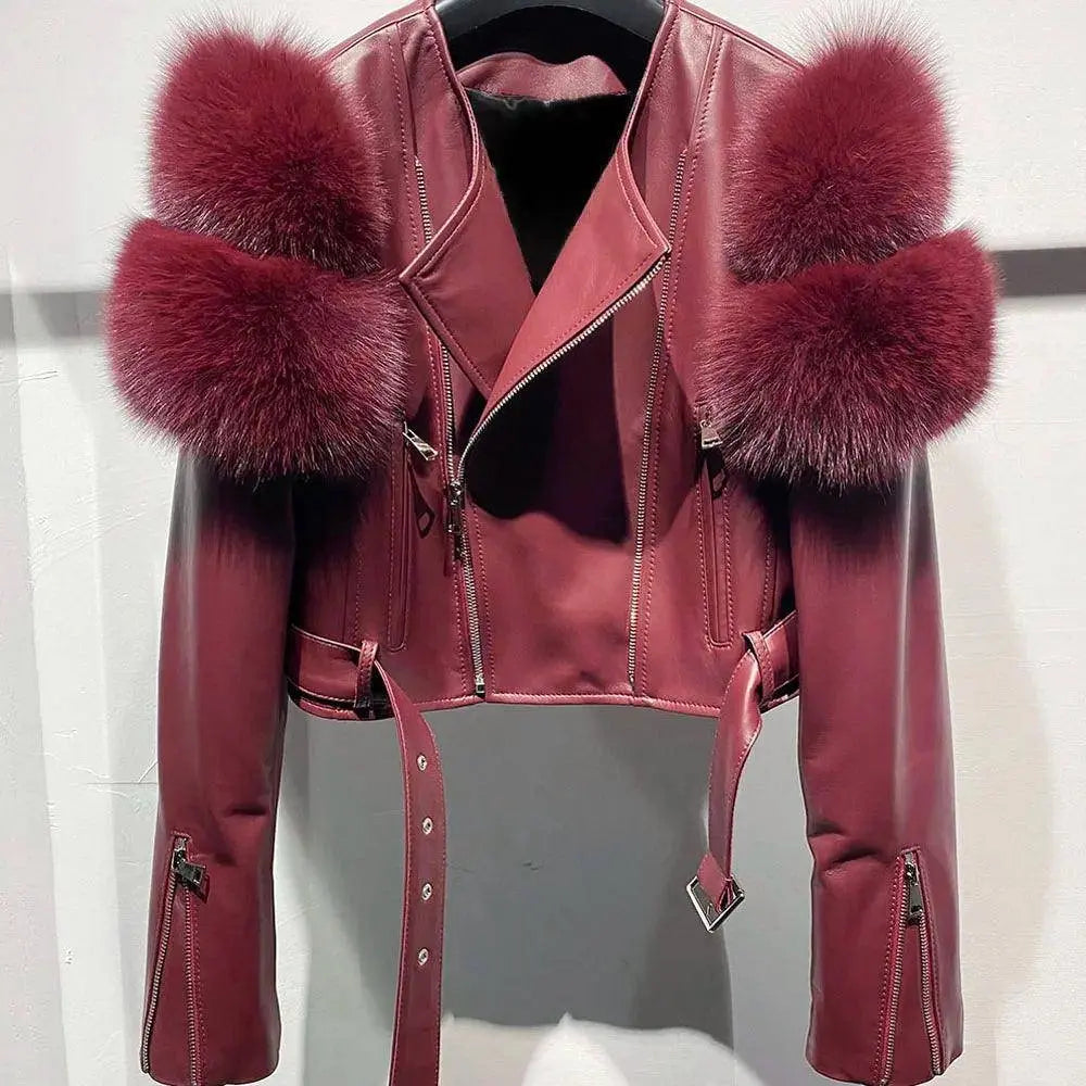 YOLOAgain 2025 Autumn Natural Fox Fur Sleeve Genuine Leather Cropped Jacket Women Shiny Sliver Leather Jacket Ladies SS69