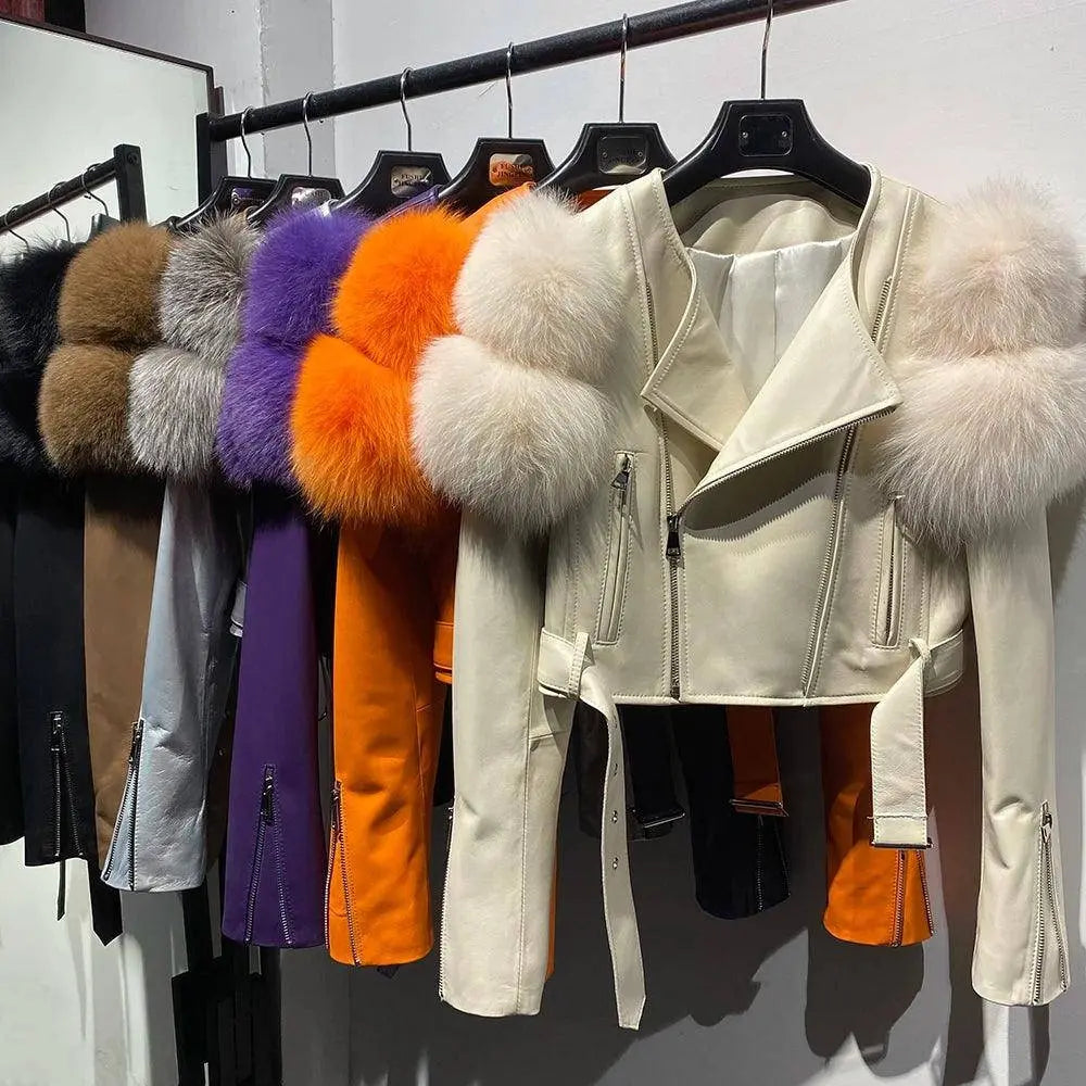 YOLOAgain 2025 Autumn Natural Fox Fur Sleeve Genuine Leather Cropped Jacket Women Shiny Sliver Leather Jacket Ladies SS69