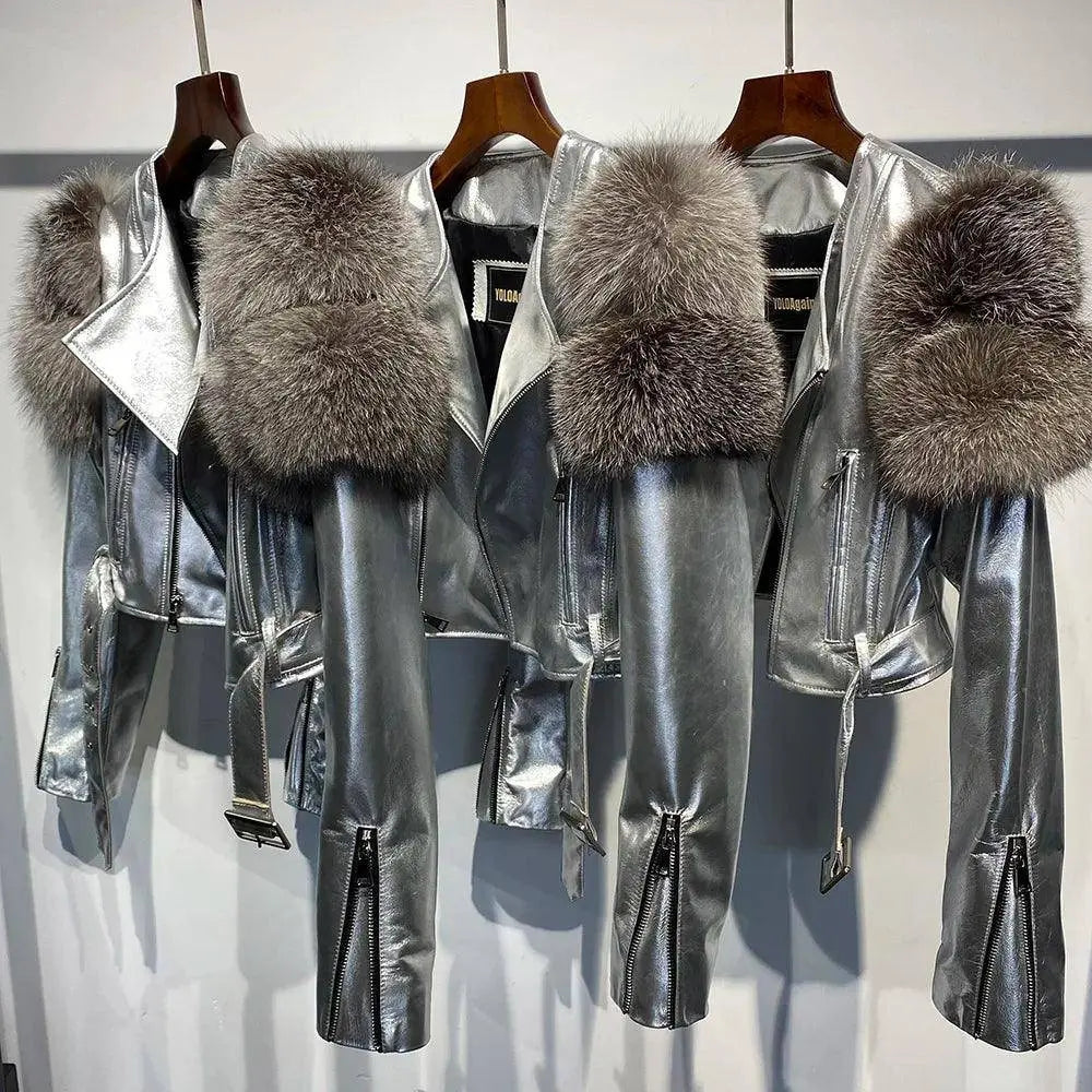 YOLOAgain 2025 Autumn Natural Fox Fur Sleeve Genuine Leather Cropped Jacket Women Shiny Sliver Leather Jacket Ladies SS69