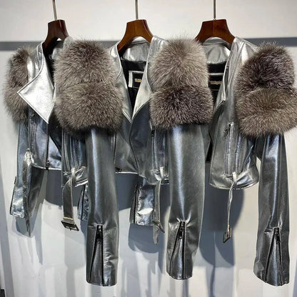 YOLOAgain 2025 Autumn Natural Fox Fur Sleeve Genuine Leather Cropped Jacket Women Shiny Sliver Leather Jacket Ladies SS69