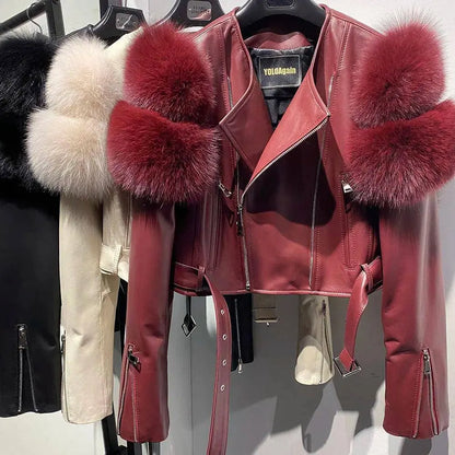 YOLOAgain 2025 Autumn Natural Fox Fur Sleeve Genuine Leather Cropped Jacket Women Shiny Sliver Leather Jacket Ladies SS69