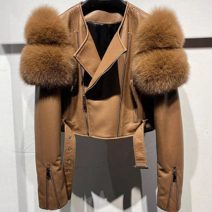YOLOAgain 2025 Autumn Natural Fox Fur Sleeve Genuine Leather Cropped Jacket Women Shiny Sliver Leather Jacket Ladies SS69