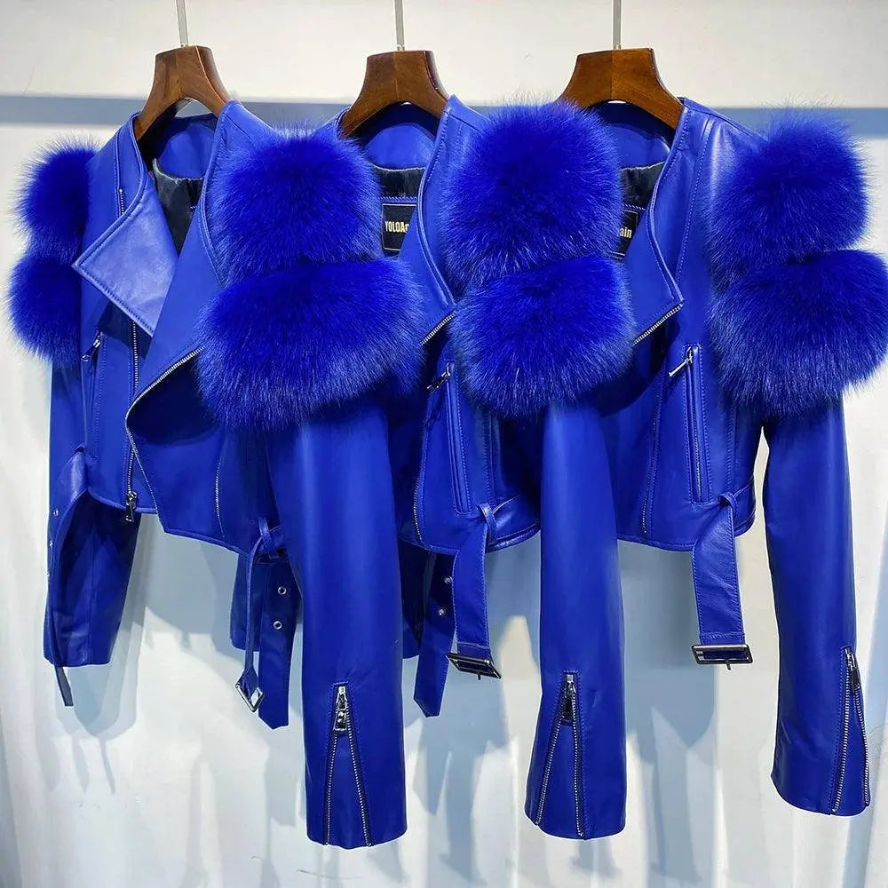 YOLOAgain 2025 Autumn Natural Fox Fur Sleeve Genuine Leather Cropped Jacket Women Shiny Sliver Leather Jacket Ladies SS69