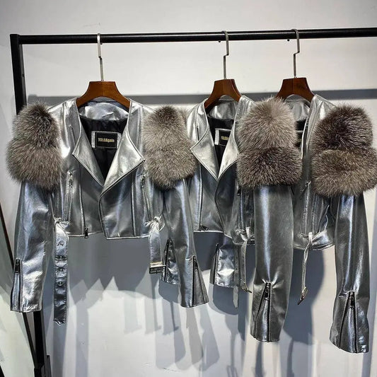 YOLOAgain 2025 Autumn Natural Fox Fur Sleeve Genuine Leather Cropped Jacket Women Shiny Sliver Leather Jacket Ladies SS69
