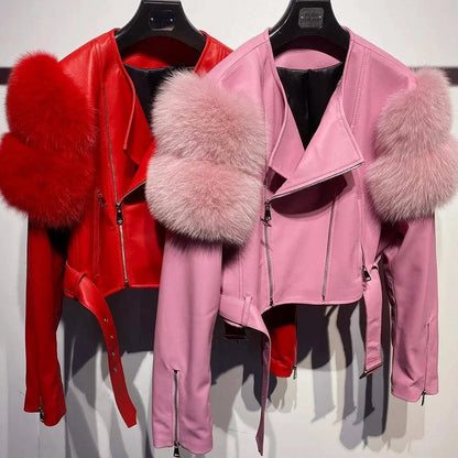 YOLOAgain 2025 Autumn Natural Fox Fur Sleeve Genuine Leather Cropped Jacket Women Shiny Sliver Leather Jacket Ladies SS69