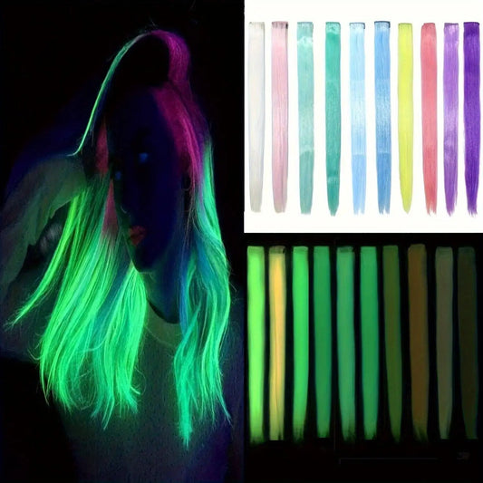 YONGYI 10-Pack Luminous Synthetic Straight Hair Extensions - 50.8cm Glow in The Dark Clip-In Party Highlights - Women's Music Festival & Event Hairpieces - All Ages (14+) Accessory SS69