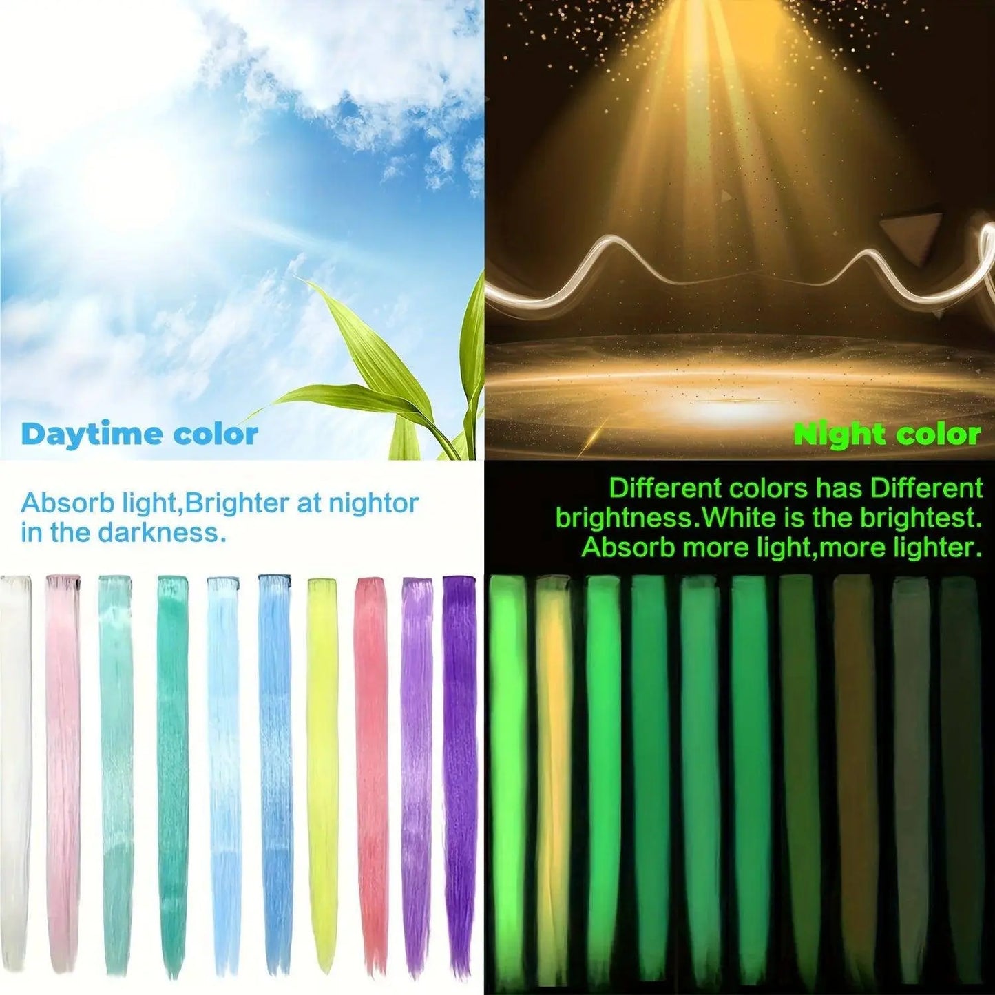 YONGYI 10-Pack Luminous Synthetic Straight Hair Extensions - 50.8cm Glow in The Dark Clip-In Party Highlights - Women's Music Festival & Event Hairpieces - All Ages (14+) Accessory SS69