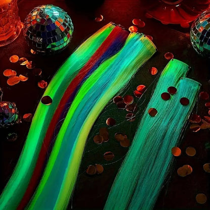YONGYI 10-Pack Luminous Synthetic Straight Hair Extensions - 50.8cm Glow in The Dark Clip-In Party Highlights - Women's Music Festival & Event Hairpieces - All Ages (14+) Accessory SS69