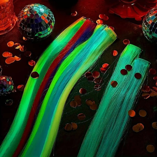 YONGYI 10-Pack Luminous Synthetic Straight Hair Extensions - 50.8cm Glow in The Dark Clip-In Party Highlights - Women's Music Festival & Event Hairpieces - All Ages (14+) Accessory SS69