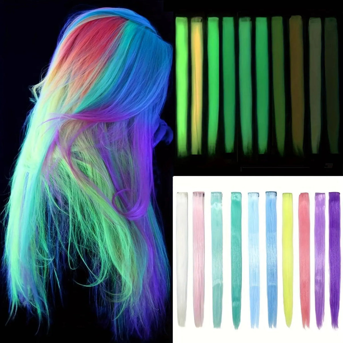 YONGYI 10-Pack Luminous Synthetic Straight Hair Extensions - 50.8cm Glow in The Dark Clip-In Party Highlights - Women's Music Festival & Event Hairpieces - All Ages (14+) Accessory SS69