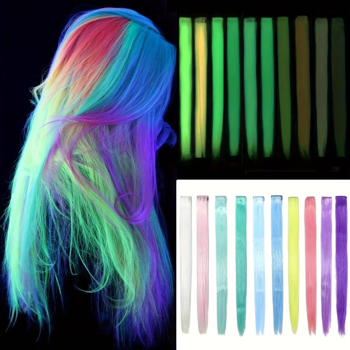 YONGYI 10-Pack Luminous Synthetic Straight Hair Extensions - 50.8cm Glow in The Dark Clip-In Party Highlights - Women's Music Festival & Event Hairpieces - All Ages (14+) Accessory SS69