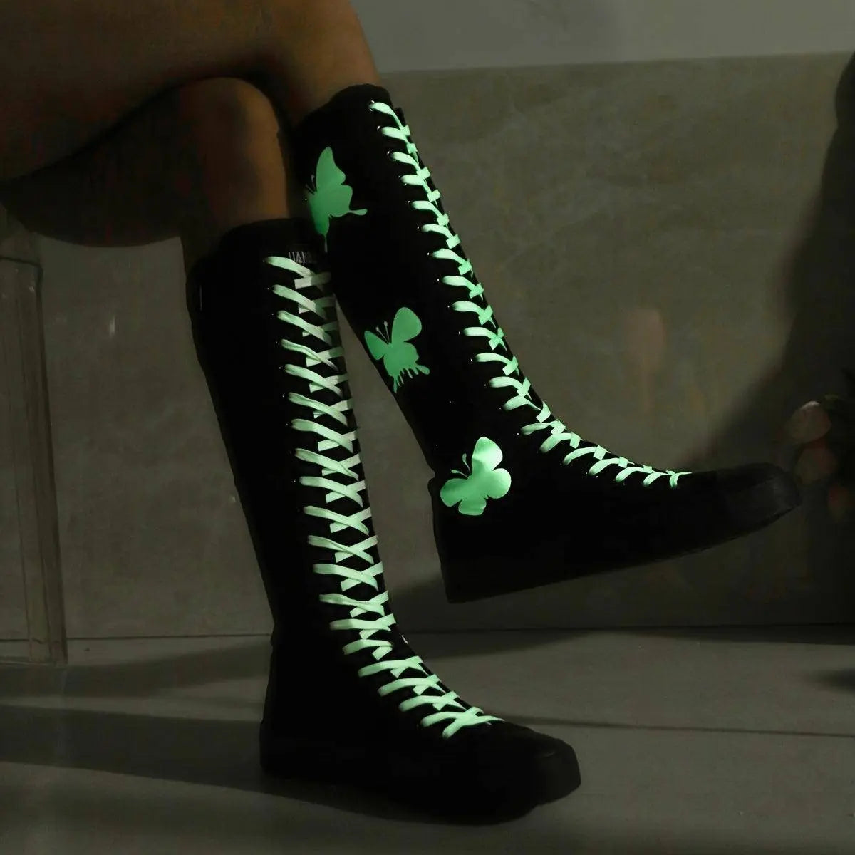 YUANBU Women's Fashion Knee-High Canvas Boots with Glow-in-the-Dark Butterfly & Luminous Shoelaces - Casual Flat Heel, Zip Closure - SS69