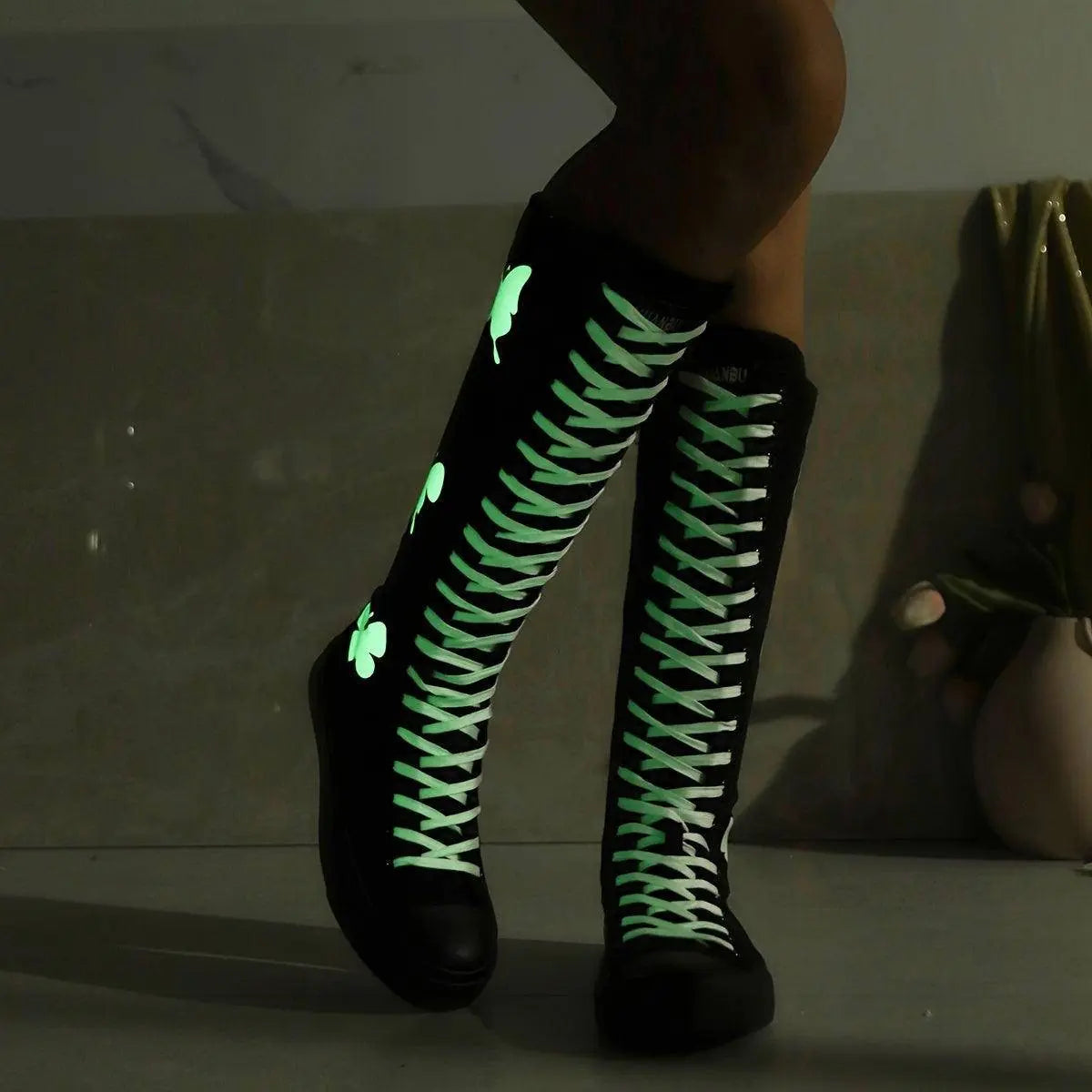 YUANBU Women's Fashion Knee-High Canvas Boots with Glow-in-the-Dark Butterfly & Luminous Shoelaces - Casual Flat Heel, Zip Closure - SS69