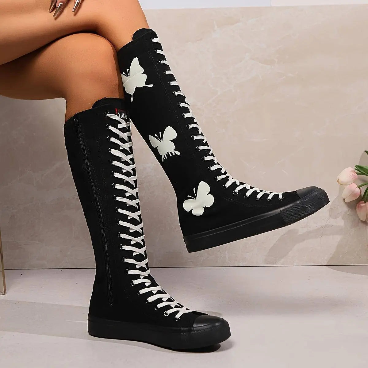 YUANBU Women's Fashion Knee-High Canvas Boots with Glow-in-the-Dark Butterfly & Luminous Shoelaces - Casual Flat Heel, Zip Closure - SS69