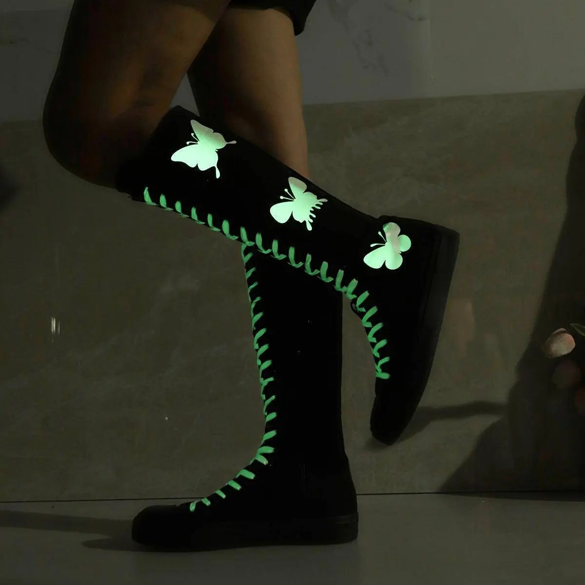 YUANBU Women's Fashion Knee-High Canvas Boots with Glow-in-the-Dark Butterfly & Luminous Shoelaces - Casual Flat Heel, Zip Closure - SS69