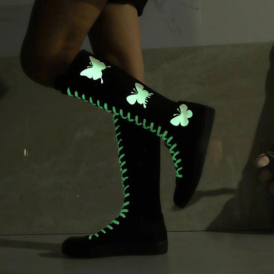 YUANBU Women's Fashion Knee-High Canvas Boots with Glow-in-the-Dark Butterfly & Luminous Shoelaces - Casual Flat Heel, Zip Closure - SS69