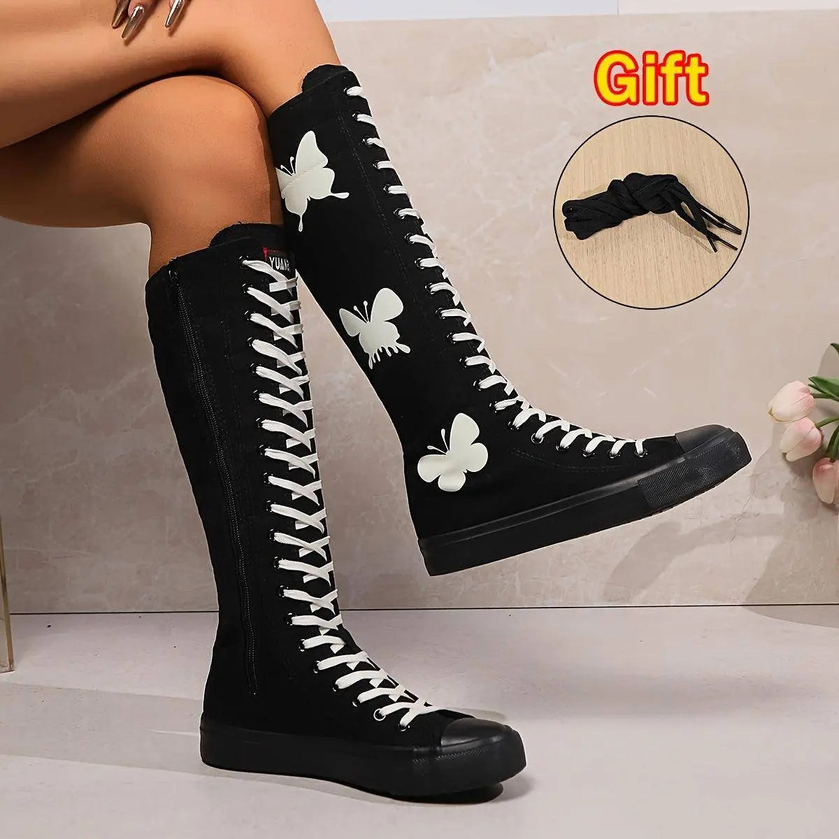 YUANBU Women's Fashion Knee-High Canvas Boots with Glow-in-the-Dark Butterfly & Luminous Shoelaces - Casual Flat Heel, Zip Closure - SS69