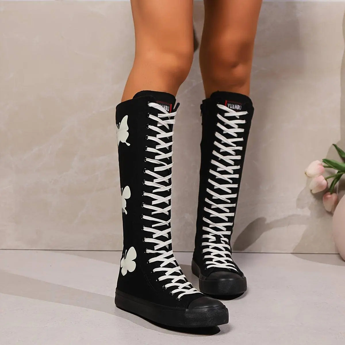 YUANBU Women's Fashion Knee-High Canvas Boots with Glow-in-the-Dark Butterfly & Luminous Shoelaces - Casual Flat Heel, Zip Closure - SS69