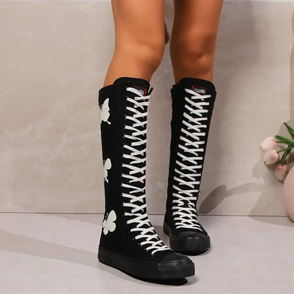 YUANBU Women's Fashion Knee-High Canvas Boots with Glow-in-the-Dark Butterfly & Luminous Shoelaces - Casual Flat Heel, Zip Closure - SS69