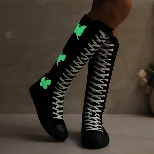 YUANBU Women's Fashion Knee-High Canvas Boots with Glow-in-the-Dark Butterfly & Luminous Shoelaces - Casual Flat Heel, Zip Closure - SS69
