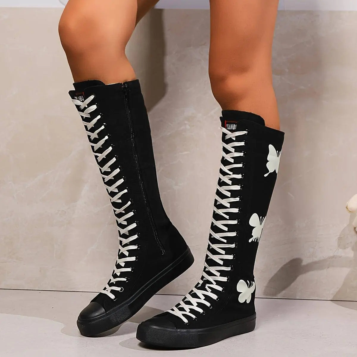 YUANBU Women's Fashion Knee-High Canvas Boots with Glow-in-the-Dark Butterfly & Luminous Shoelaces - Casual Flat Heel, Zip Closure - SS69