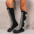 YUANBU Women's Fashion Knee-High Canvas Boots with Glow-in-the-Dark Butterfly & Luminous Shoelaces - Casual Flat Heel, Zip Closure - SS69