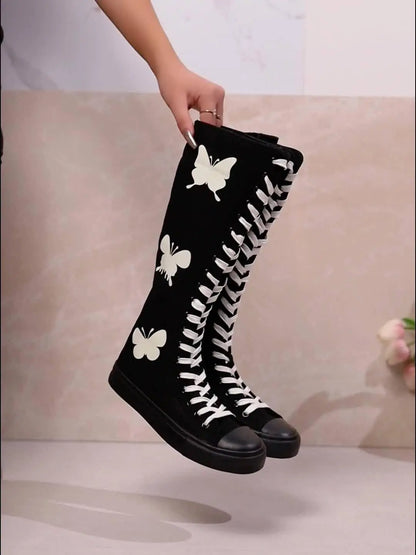 YUANBU Women's Fashion Knee-High Canvas Boots with Glow-in-the-Dark Butterfly & Luminous Shoelaces - Casual Flat Heel, Zip Closure - SS69