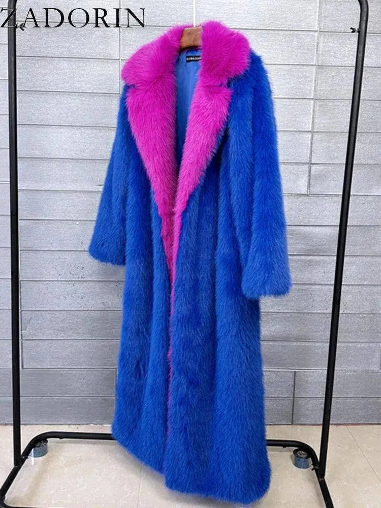ZADORIN Super Long Fluffy Faux Fox Fur Trench Coat Women Lapel Contrast Color Furry Jacket Winter Clothes Women 2025 Fur Coats SS69