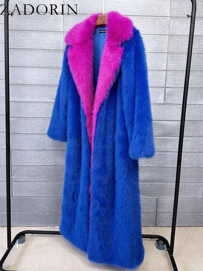 ZADORIN Super Long Fluffy Faux Fox Fur Trench Coat Women Lapel Contrast Color Furry Jacket Winter Clothes Women 2025 Fur Coats SS69