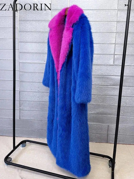 ZADORIN Super Long Fluffy Faux Fox Fur Trench Coat Women Lapel Contrast Color Furry Jacket Winter Clothes Women 2025 Fur Coats SS69