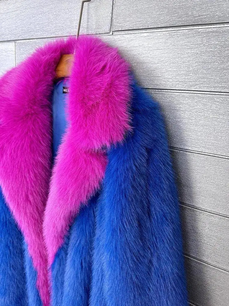 ZADORIN Super Long Fluffy Faux Fox Fur Trench Coat Women Lapel Contrast Color Furry Jacket Winter Clothes Women 2025 Fur Coats SS69