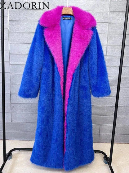 ZADORIN Super Long Fluffy Faux Fox Fur Trench Coat Women Lapel Contrast Color Furry Jacket Winter Clothes Women 2025 Fur Coats SS69