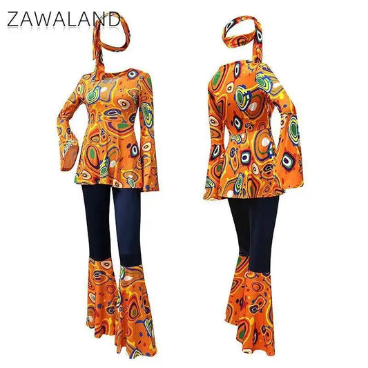 Zawaland Women's Disco Dress Sets Hip Hop Cosplay Costume Female Fashion Floral Printing Top Pants Patchwork Suit Clothes SS69