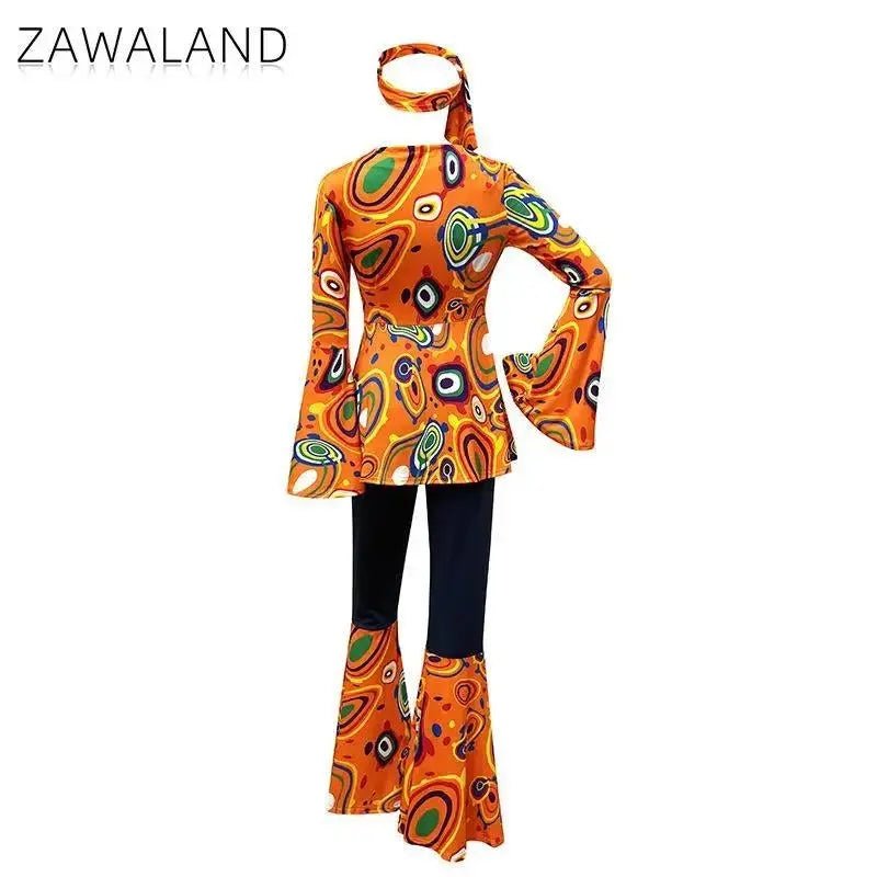 Zawaland Women's Disco Dress Sets Hip Hop Cosplay Costume Female Fashion Floral Printing Top Pants Patchwork Suit Clothes SS69