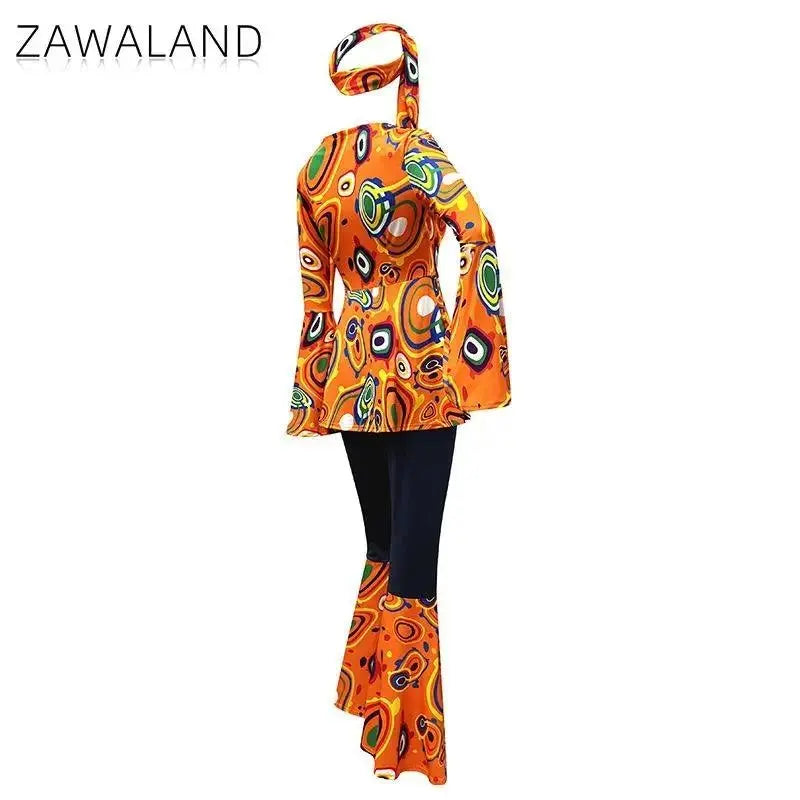 Zawaland Women's Disco Dress Sets Hip Hop Cosplay Costume Female Fashion Floral Printing Top Pants Patchwork Suit Clothes SS69