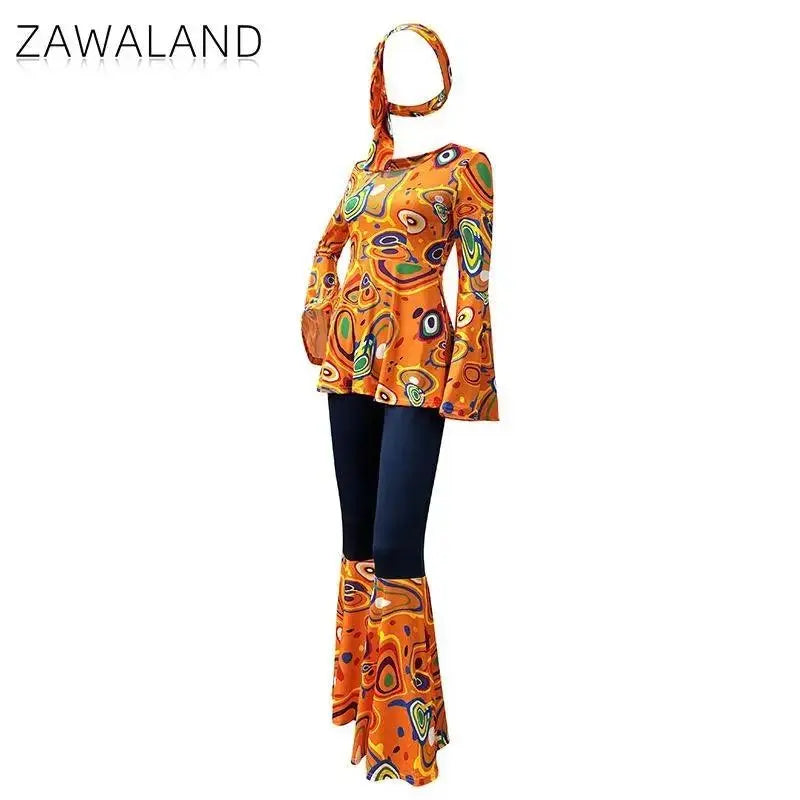 Zawaland Women's Disco Dress Sets Hip Hop Cosplay Costume Female Fashion Floral Printing Top Pants Patchwork Suit Clothes SS69