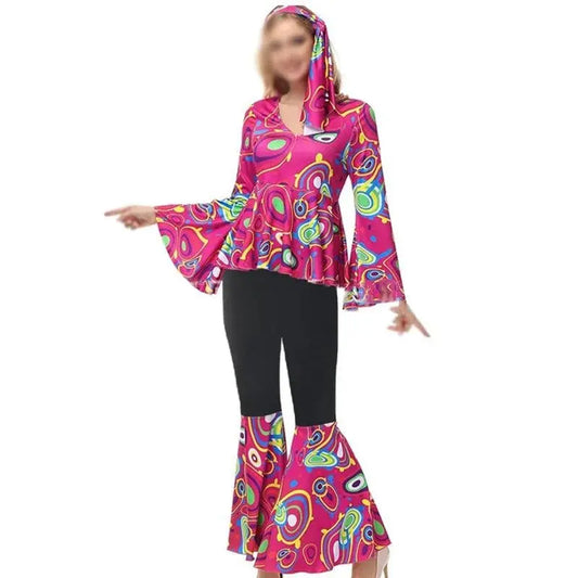 Zawaland Women's Disco Dress Sets Hip Hop Cosplay Costume Female Fashion Floral Printing Top Pants Patchwork Suit Clothes SS69