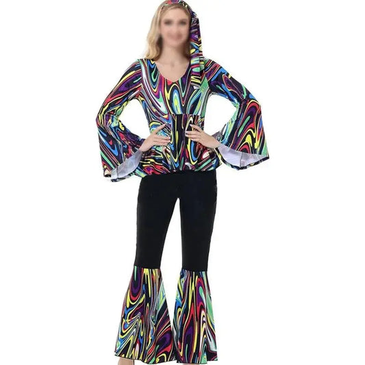 Zawaland Women's Disco Dress Sets Hip Hop Cosplay Costume Female Fashion Floral Printing Top Pants Patchwork Suit Clothes SS69