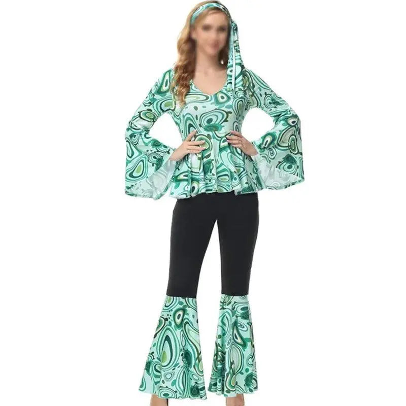 Zawaland Women's Disco Dress Sets Hip Hop Cosplay Costume Female Fashion Floral Printing Top Pants Patchwork Suit Clothes SS69
