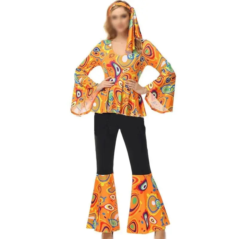 Zawaland Women's Disco Dress Sets Hip Hop Cosplay Costume Female Fashion Floral Printing Top Pants Patchwork Suit Clothes SS69