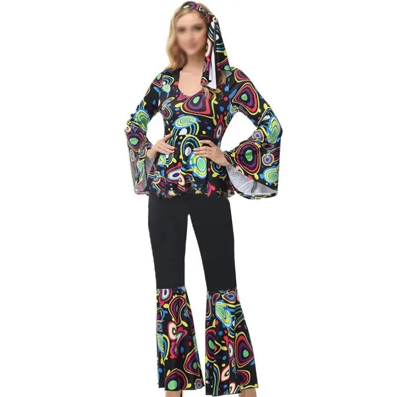 Zawaland Women's Disco Dress Sets Hip Hop Cosplay Costume Female Fashion Floral Printing Top Pants Patchwork Suit Clothes SS69