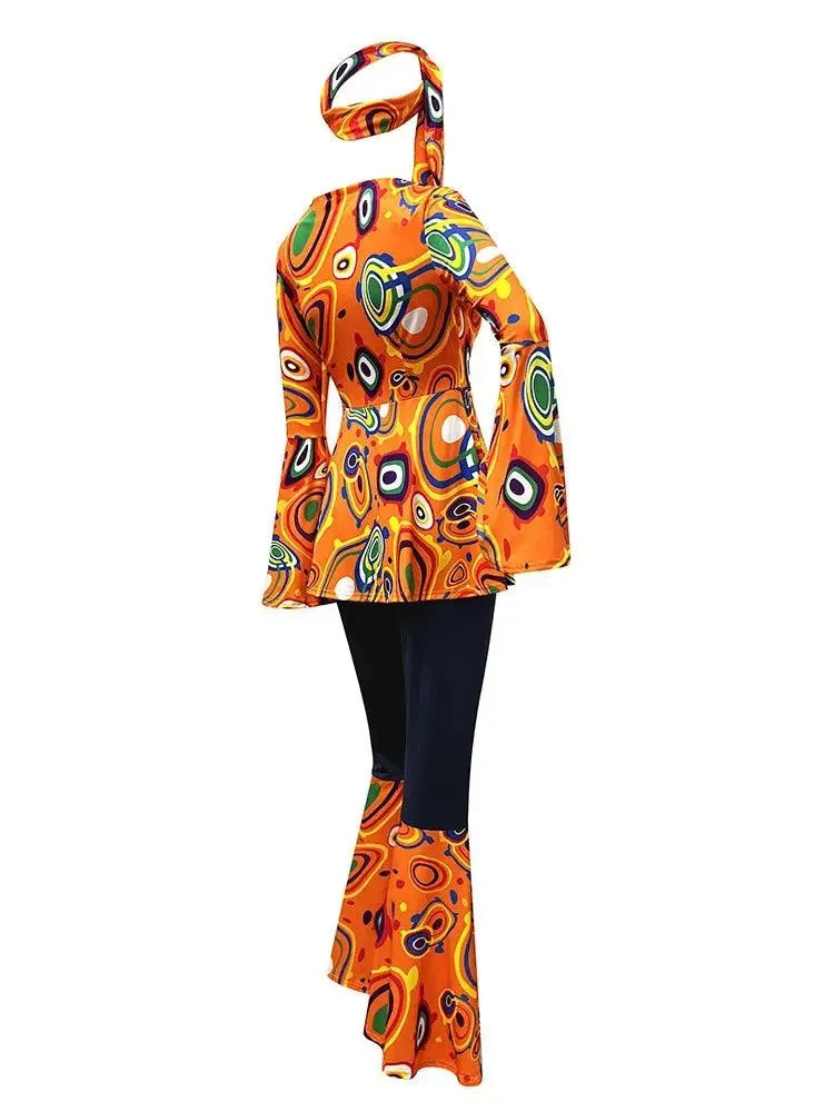 Zawaland Women's Disco Dress Sets Hip Hop Cosplay Costume Female Fashion Floral Printing Top Pants Patchwork Suit Clothes SS69