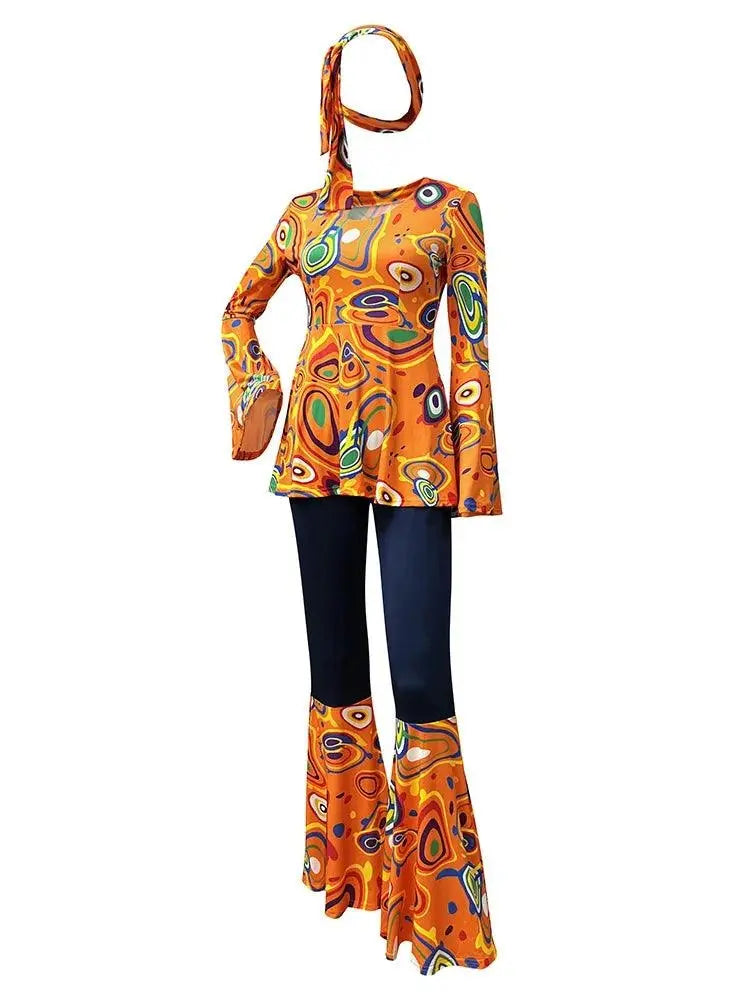 Zawaland Women's Disco Dress Sets Hip Hop Cosplay Costume Female Fashion Floral Printing Top Pants Patchwork Suit Clothes SS69
