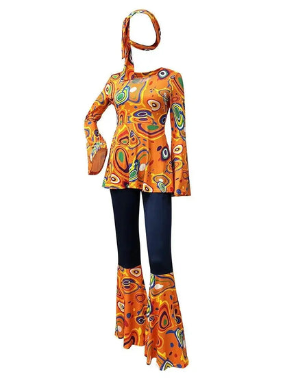 Zawaland Women's Disco Dress Sets Hip Hop Cosplay Costume Female Fashion Floral Printing Top Pants Patchwork Suit Clothes SS69