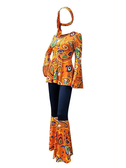 Zawaland Women's Disco Dress Sets Hip Hop Cosplay Costume Female Fashion Floral Printing Top Pants Patchwork Suit Clothes SS69