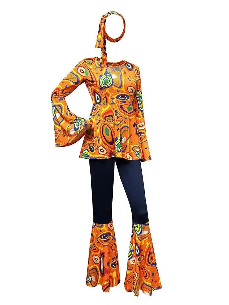 Zawaland Women's Disco Dress Sets Hip Hop Cosplay Costume Female Fashion Floral Printing Top Pants Patchwork Suit Clothes SS69