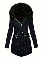 Zip-up Button Front Parka Coat, Thermal Long Sleeve Faux Fur Trim Hooded Drawstring Winter Coat, Women's Clothing - SS69